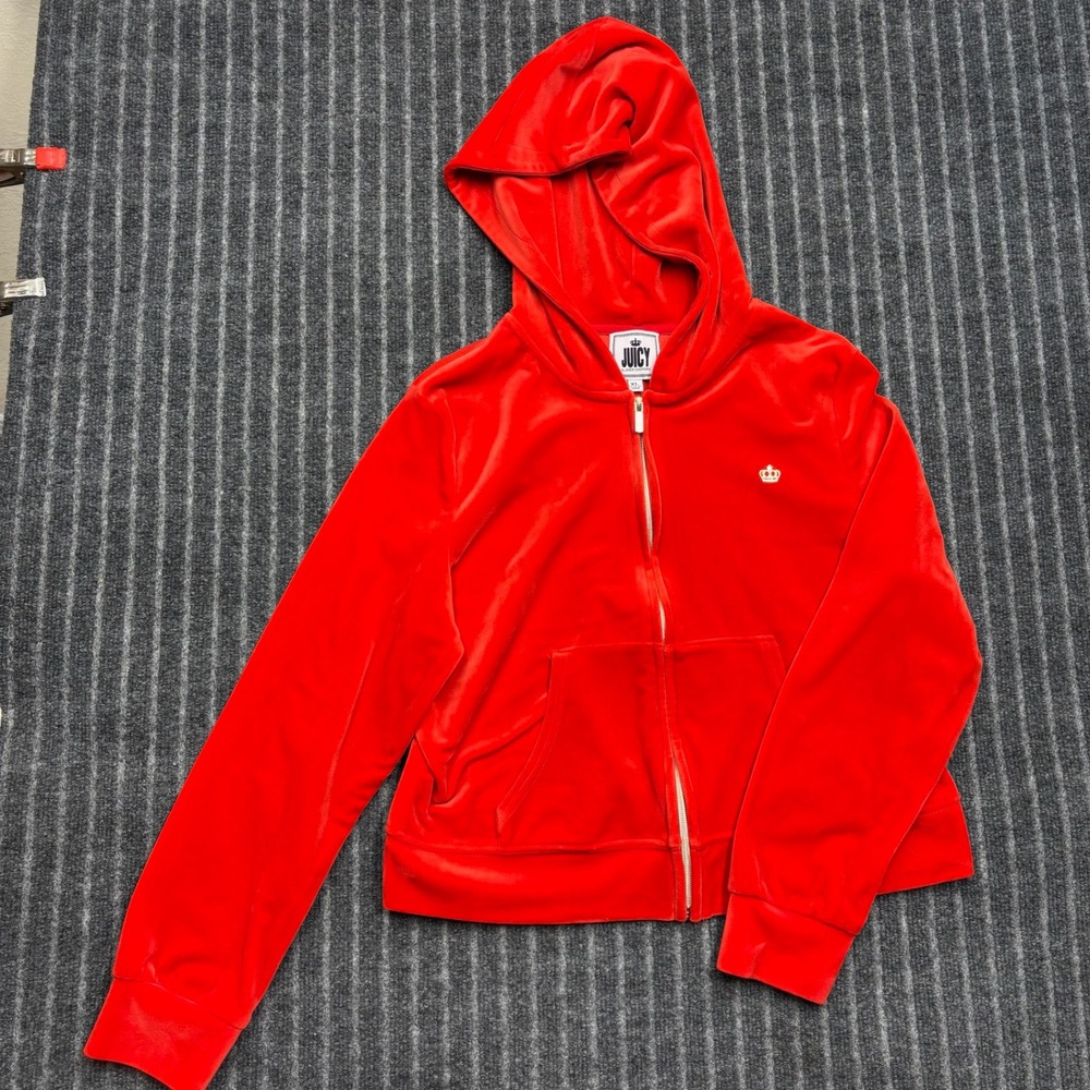 Juicy by Juicy Couture Women Velour Zip Hoodie XL Red Glitter Logo Y2K Sweater